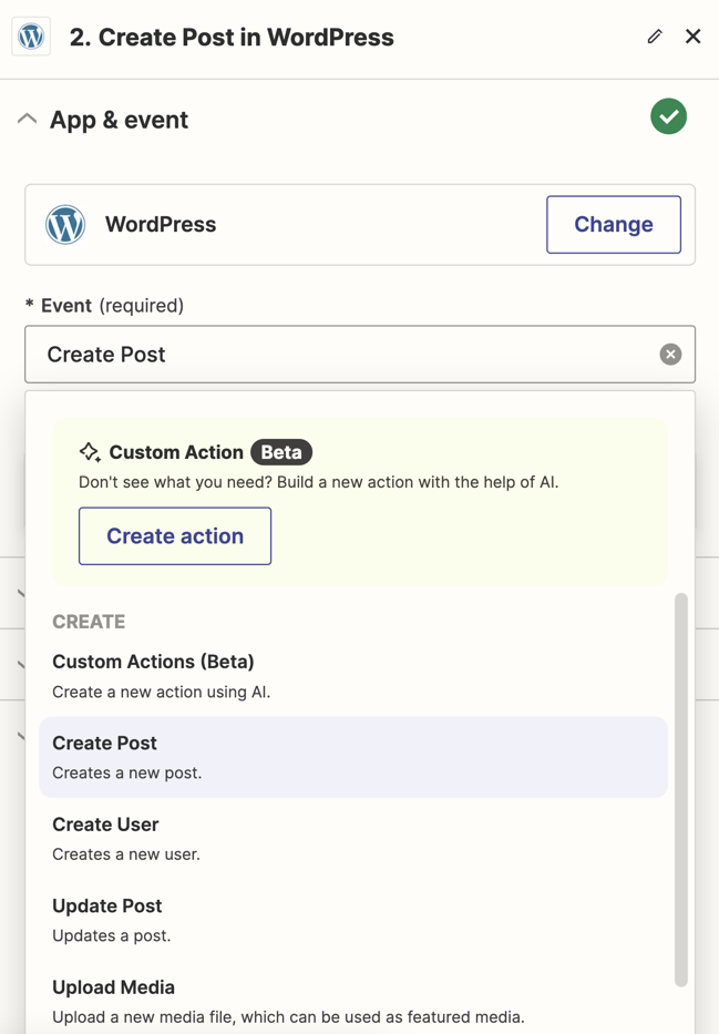 A dropdown of action events for WordPress with "Create Post" selected.