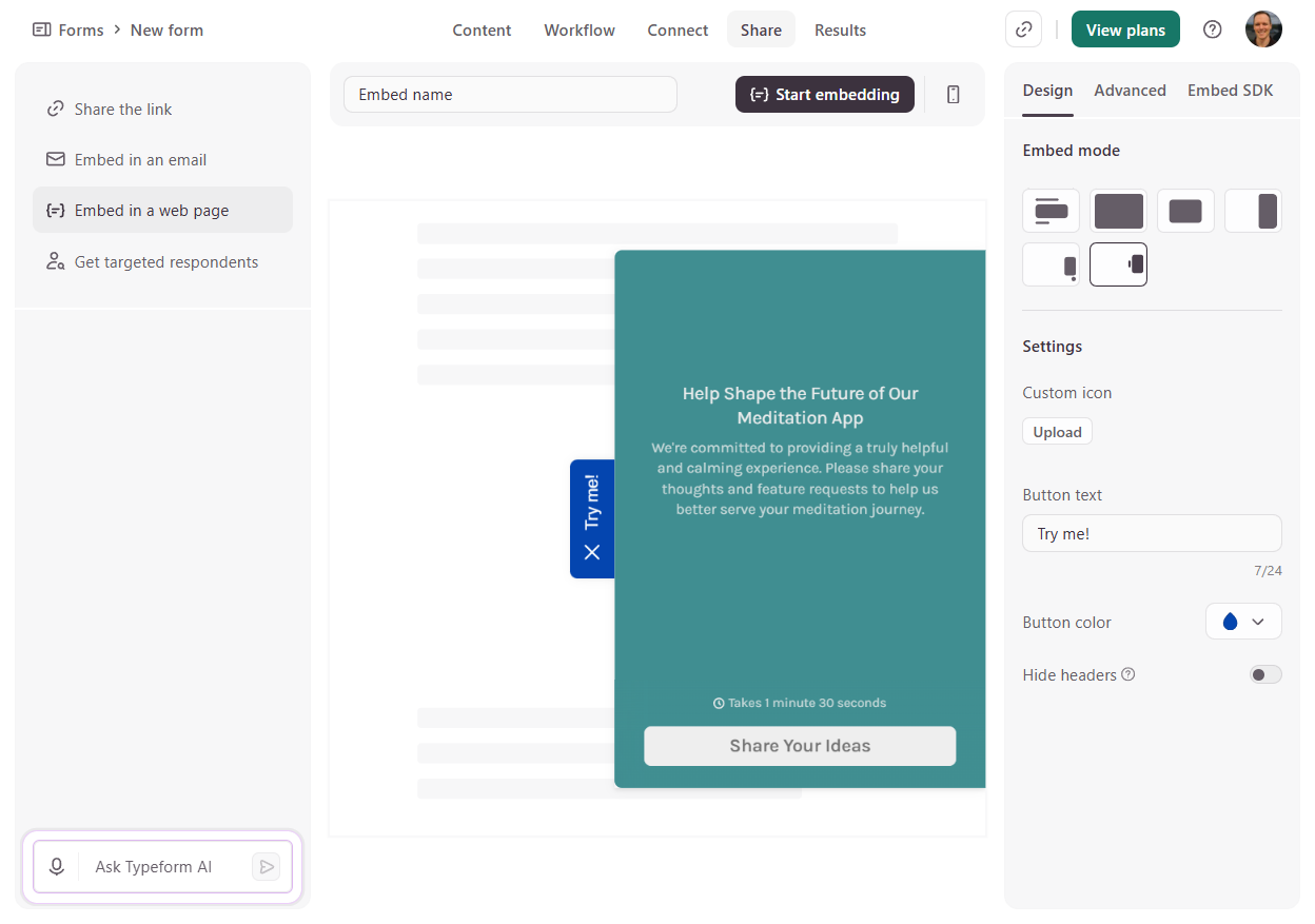 A sidebar form in Typeform