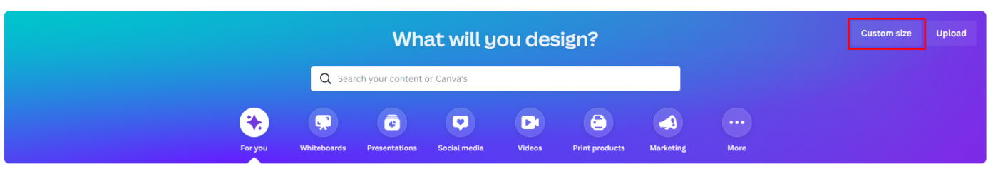 Clicking Custom size in Canva