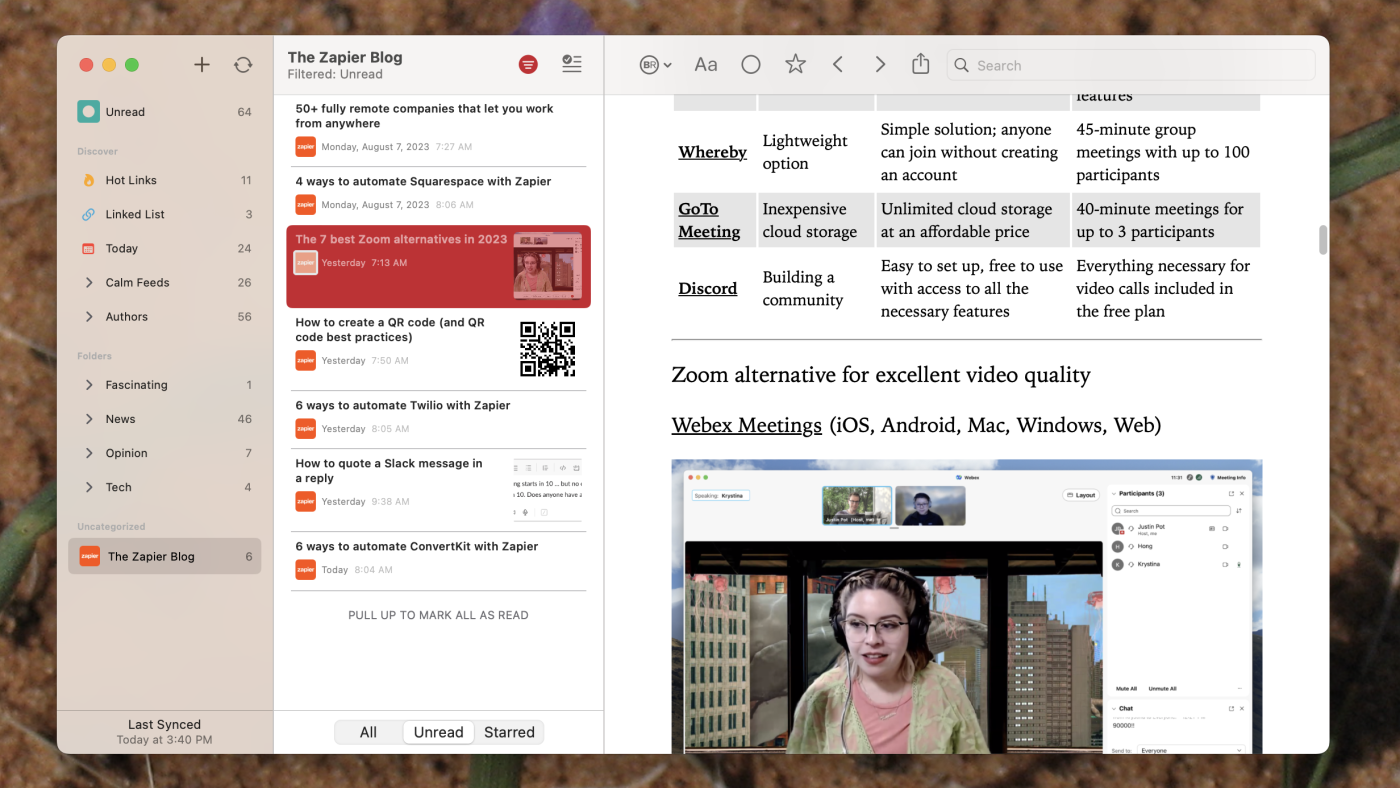 Lire, our pick for the best offline Mac RSS reader 
