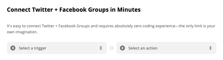 A screenshot of the two-service page for Twitter and Facebook Groups. It reads "Connect Twitter + Facebook Groups in Minutes" and has dropdown menus to select triggers and actions to help you create a Zap.
