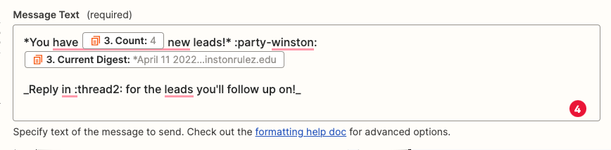 Customizing the digest delivery. In the Zap editor, the message text includes a mix of static text and dynamic fields from Digest.