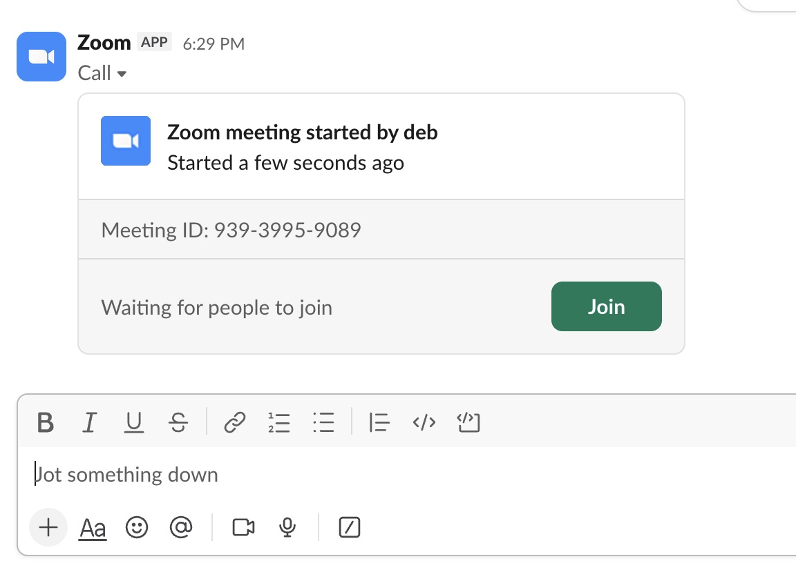 The Zoom app in Slack