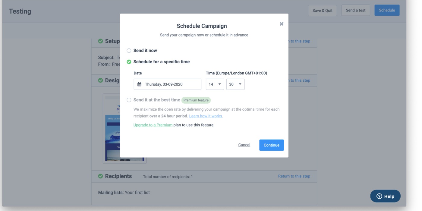 Scheduling an email in Sendinblue