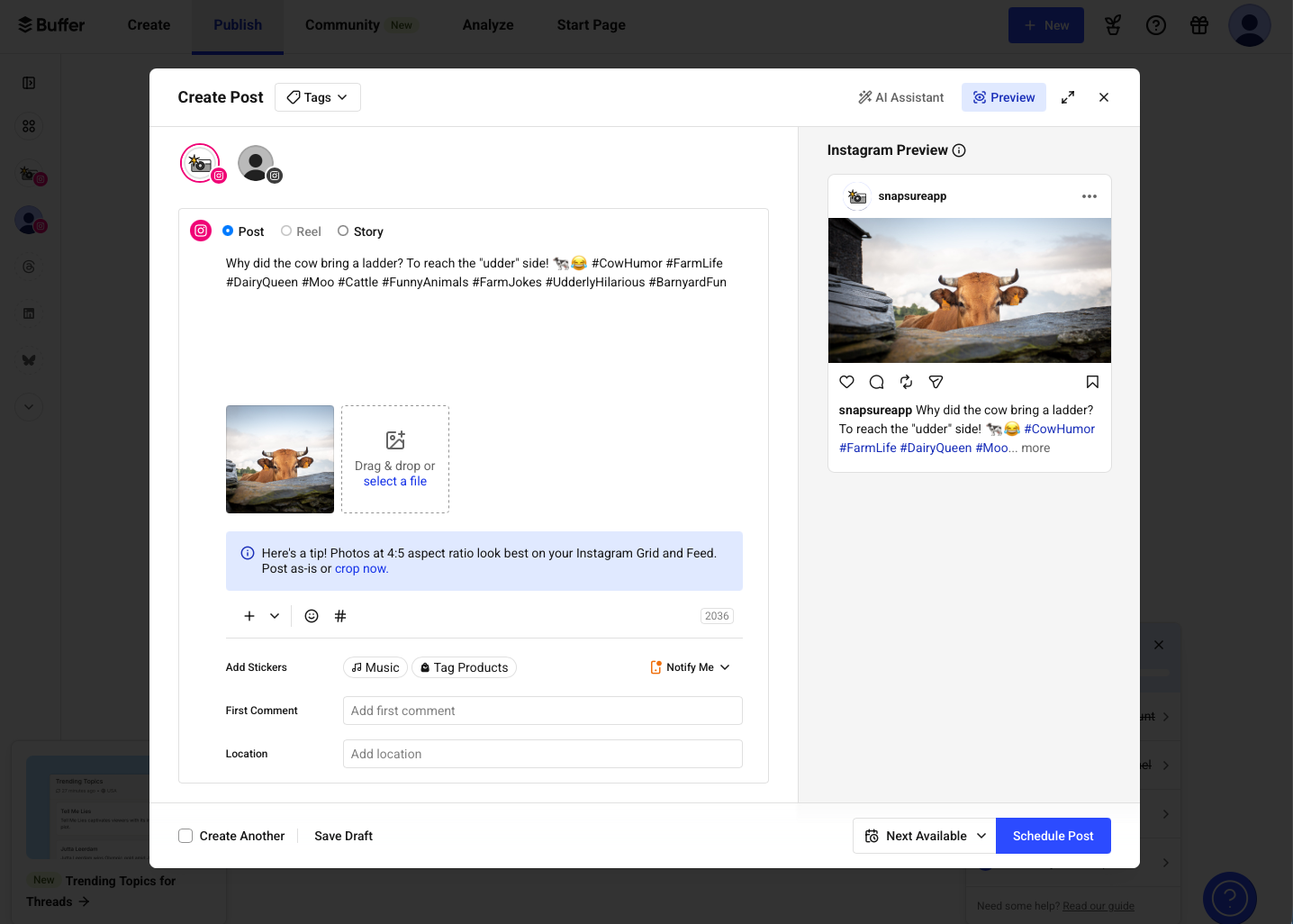 Buffer, our pick for the best social media management tool for straightforward social media scheduling