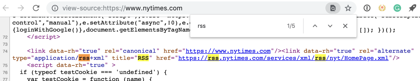 Finding an RSS URL in web page source code