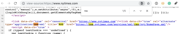 Busque una URL RSS en el código fuente de la página web
