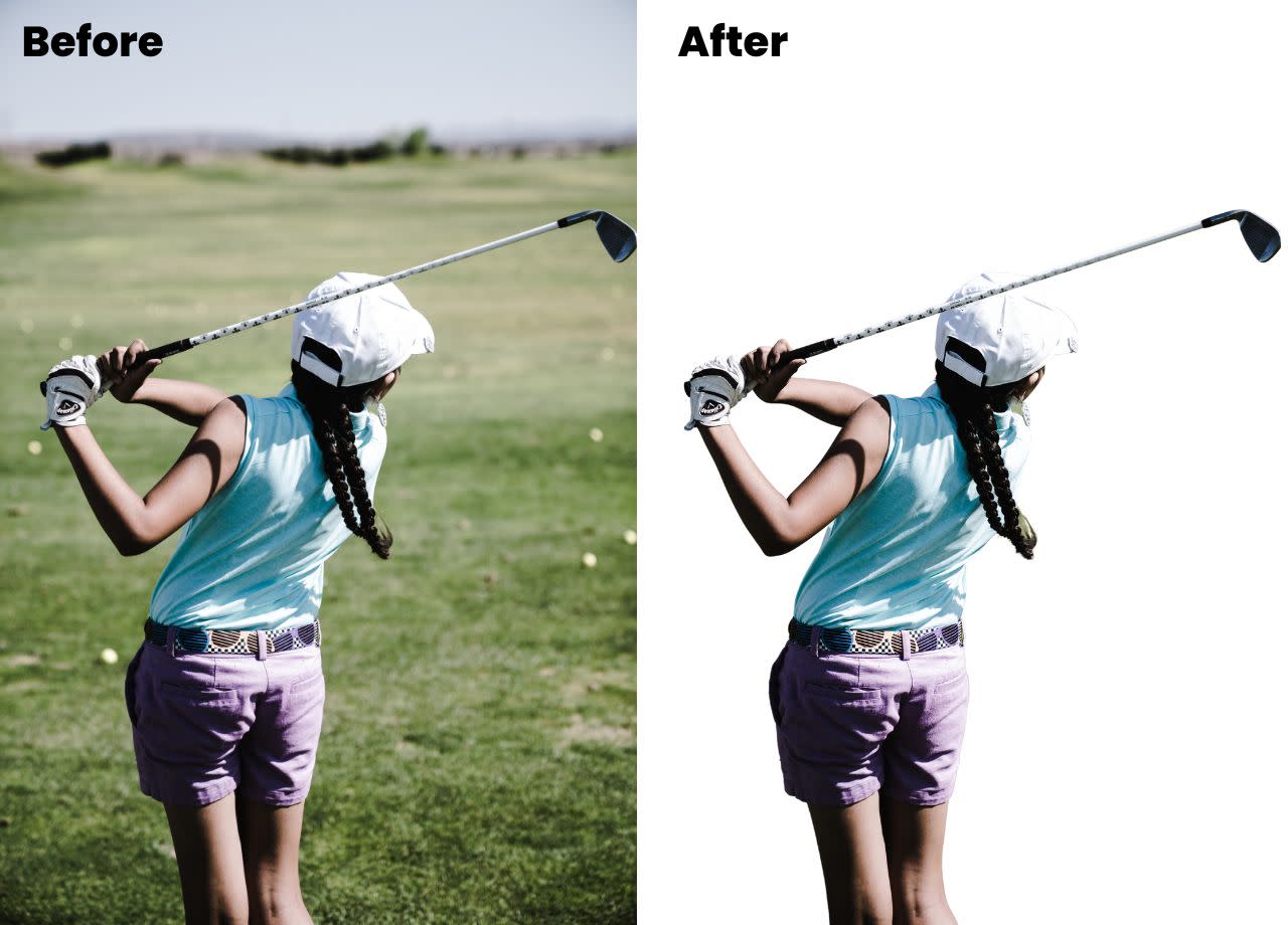 Before and after photo. The foreground of the before photo shows the back of a golfer at the end of their swing. The background is a green golf course. In the after photo, the background has been removed using Canva's Background Remover tool, leaving only a white background.