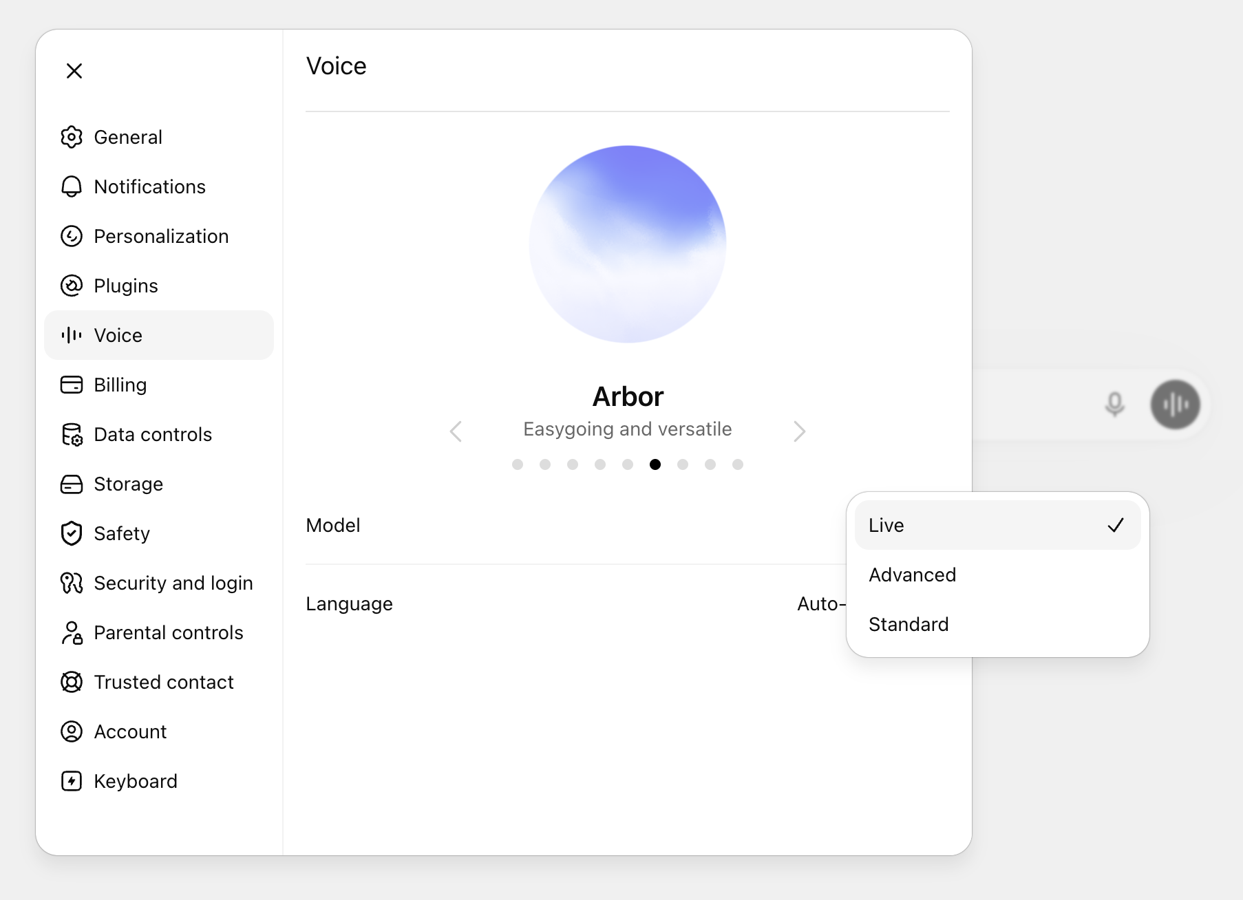ChatGPT voice settings with an expanded view of the voice models menu.