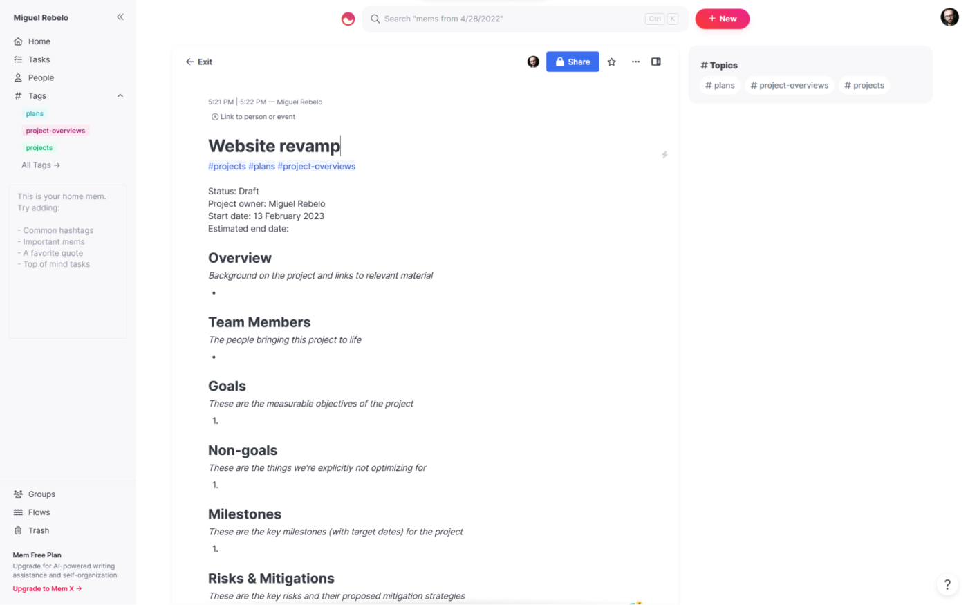 Mem, our pick for the best Notion alternative for AI-powered organization