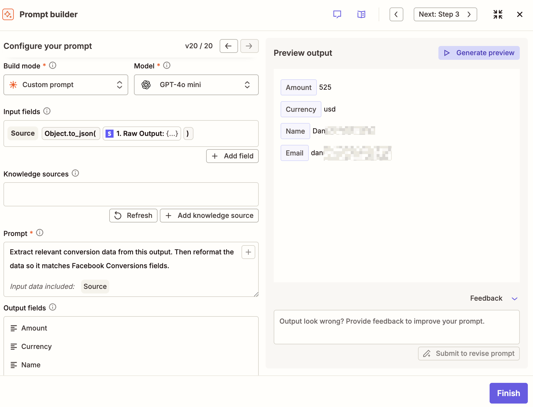 The configuration page for an AI by Zapier step with a preview of the output
