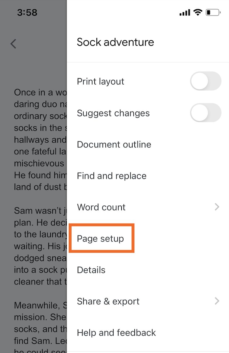 How to change the page setup in the Google Docs mobile app for iPhone.