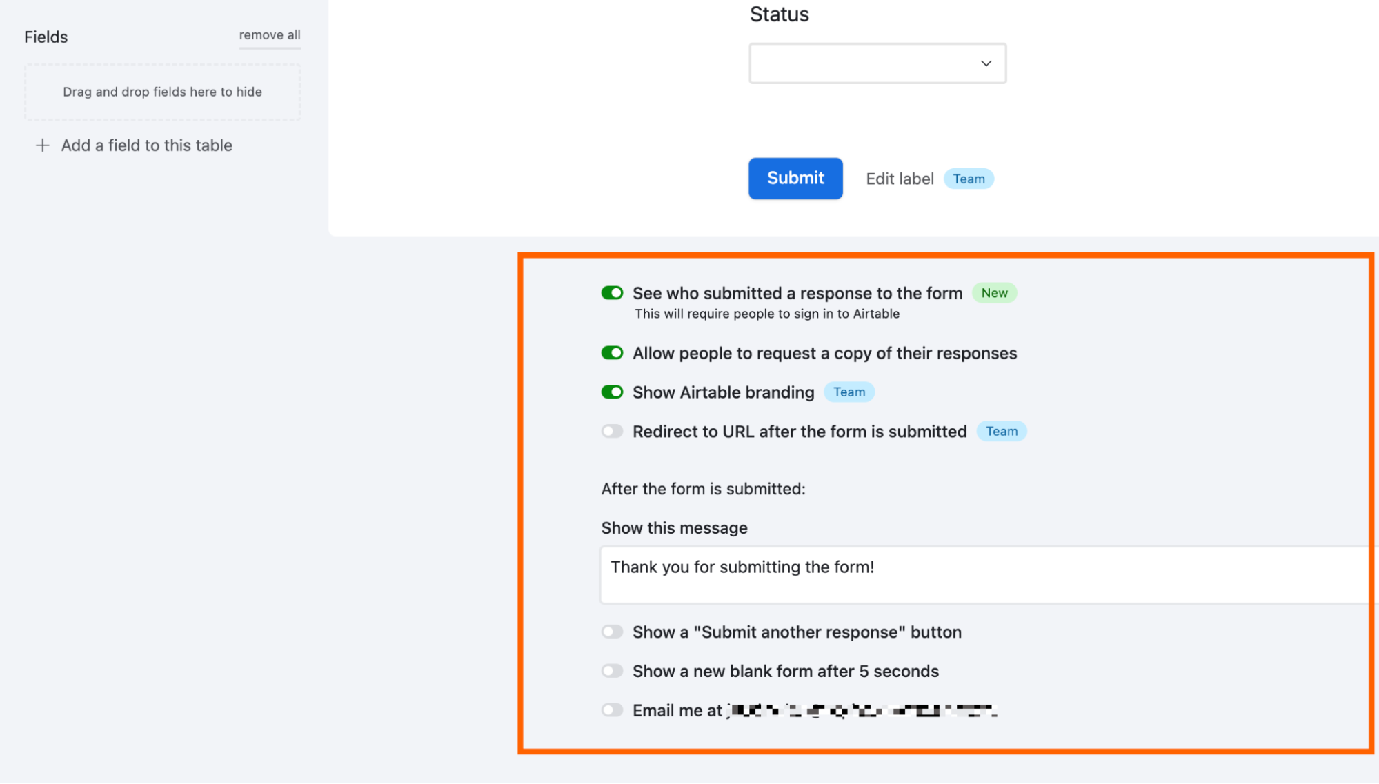 Post-form submission settings using the Airtable form view. 