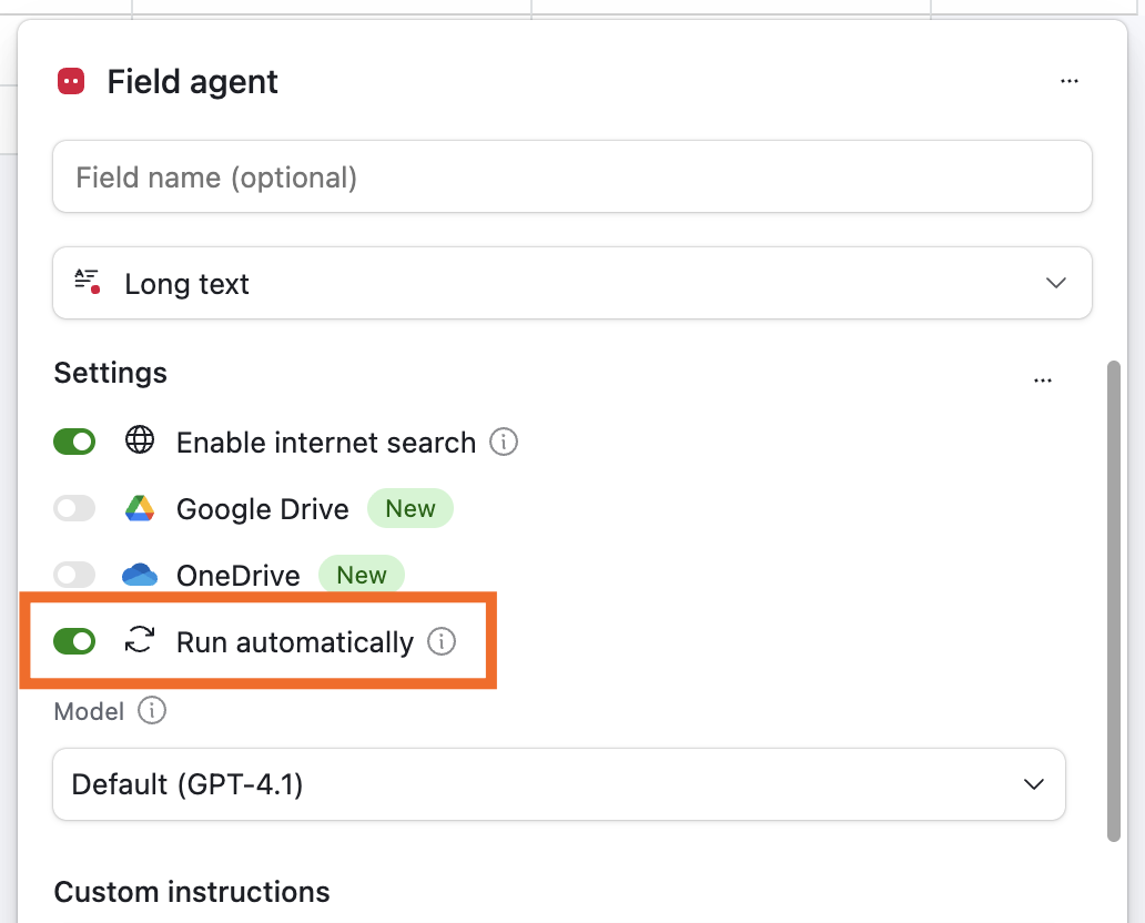 Toggling on Run automatically in an Airtable field agent
