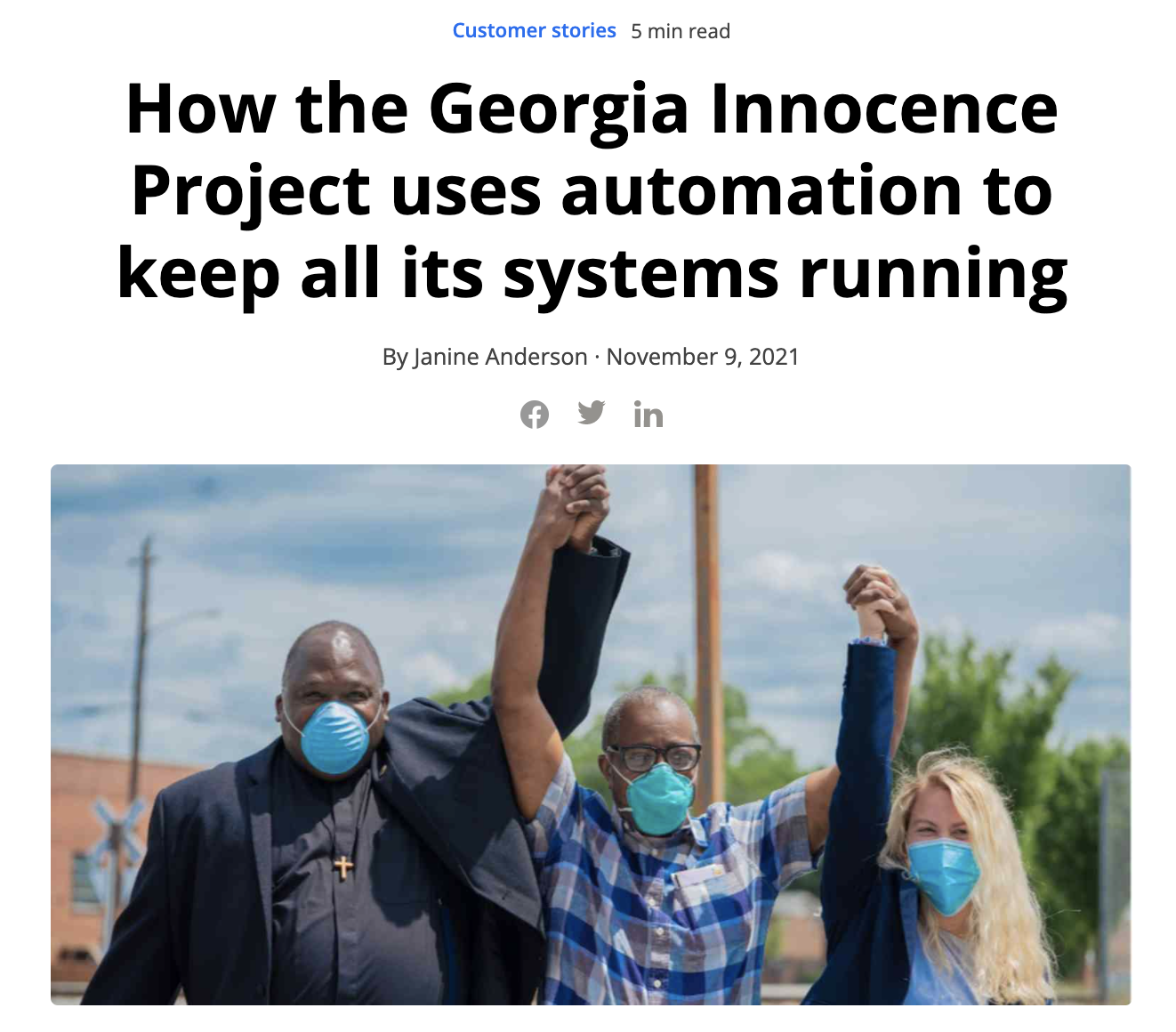 A screenshot of the Georgia Innocence Project case study on Zapier