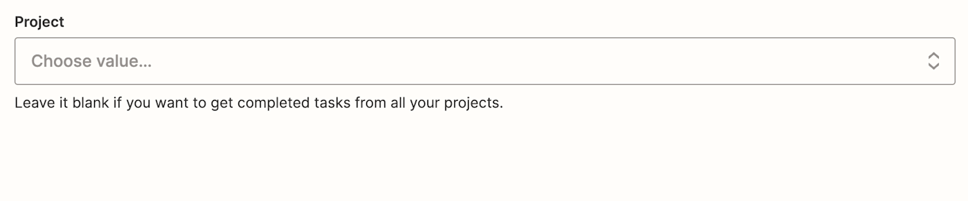 Screenshot of the Zap editor showing the "Project" field is blank