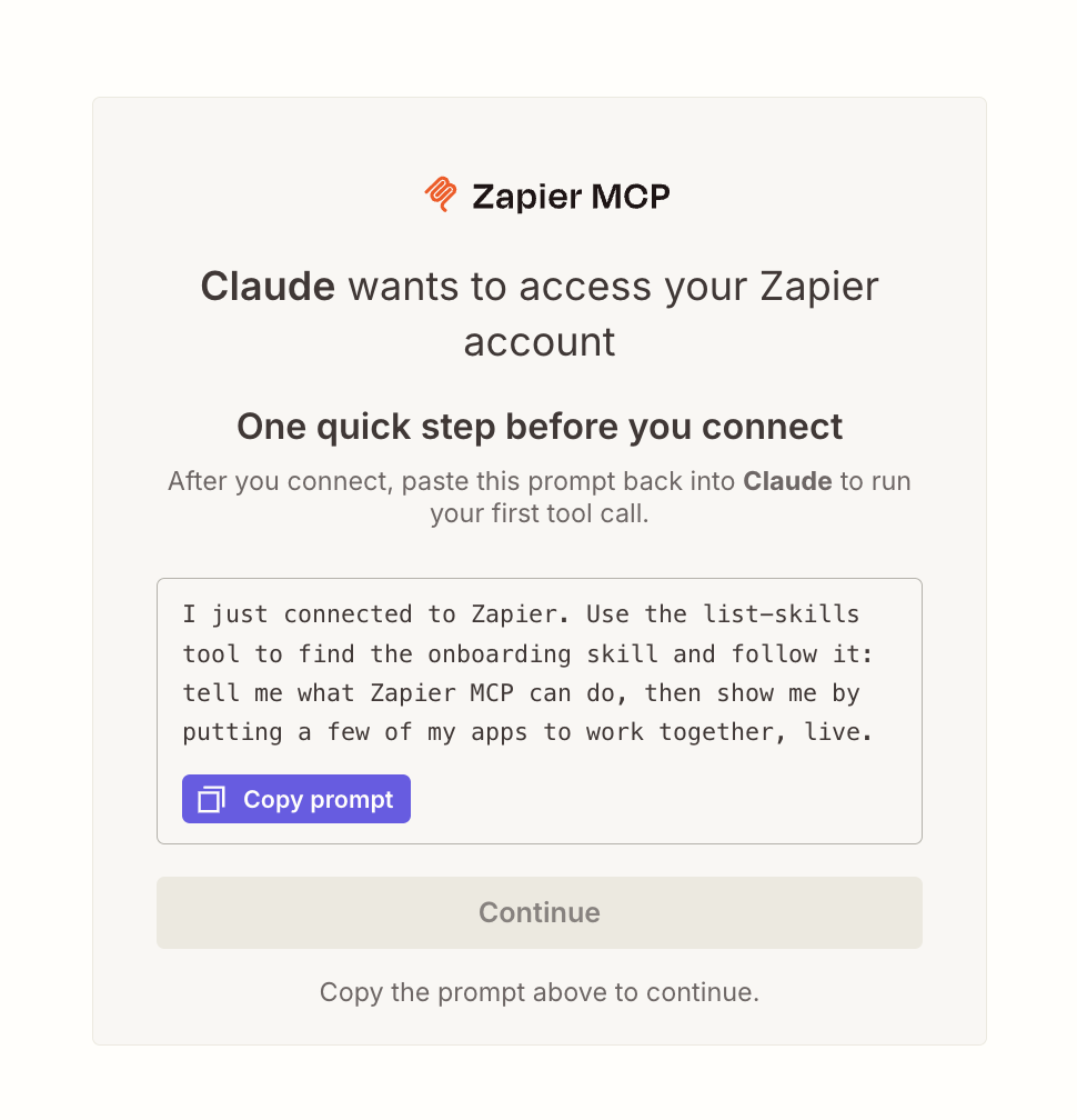 The modal to copy an installation prompt for a Claude connector