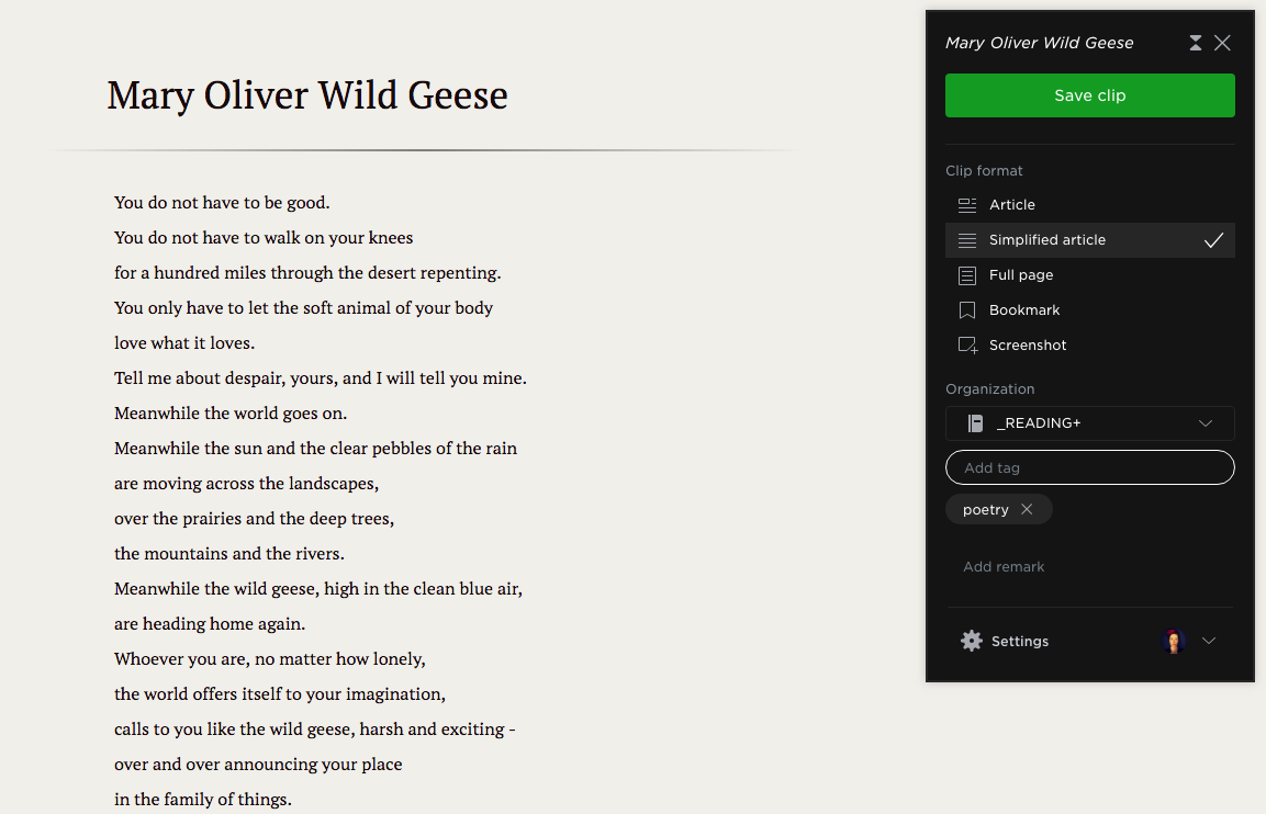 Evernote web clipper, poetry example, 2018
