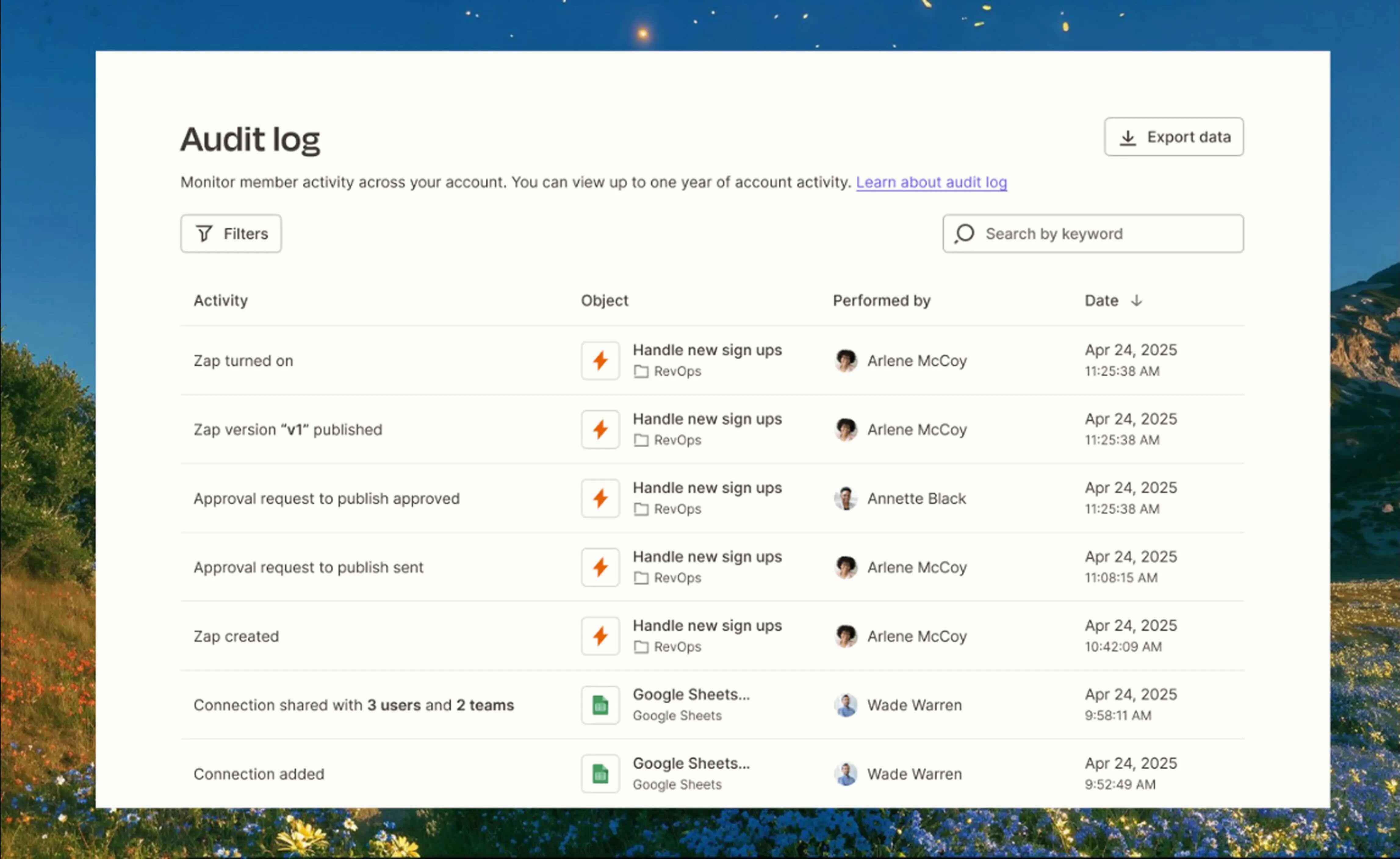 A example of an audit log on Zapier