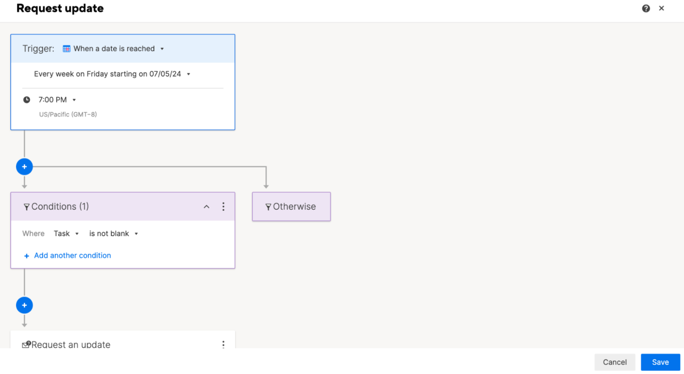 Workflow builder with a sample automation in Smartsheet.