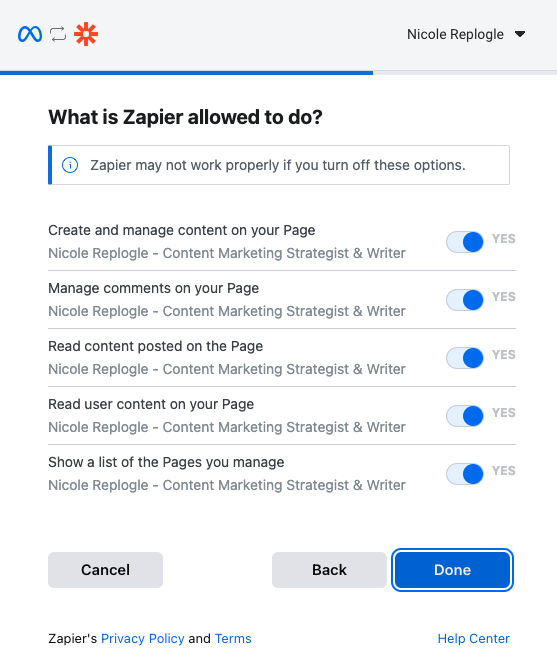 A popup asking for you to review and accept Zapier permissions.