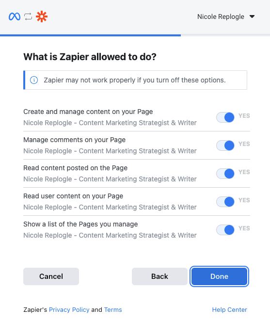 A popup asking for you to review and accept Zapier permissions.