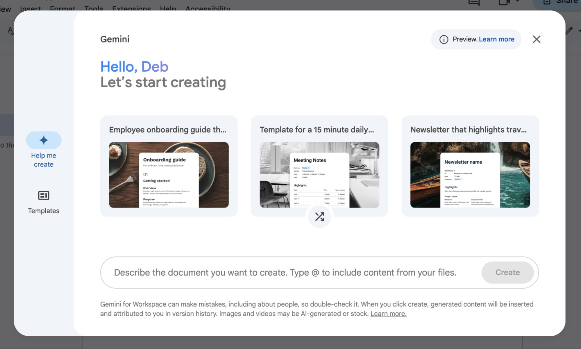 The Gemini AI feature in Google Docs