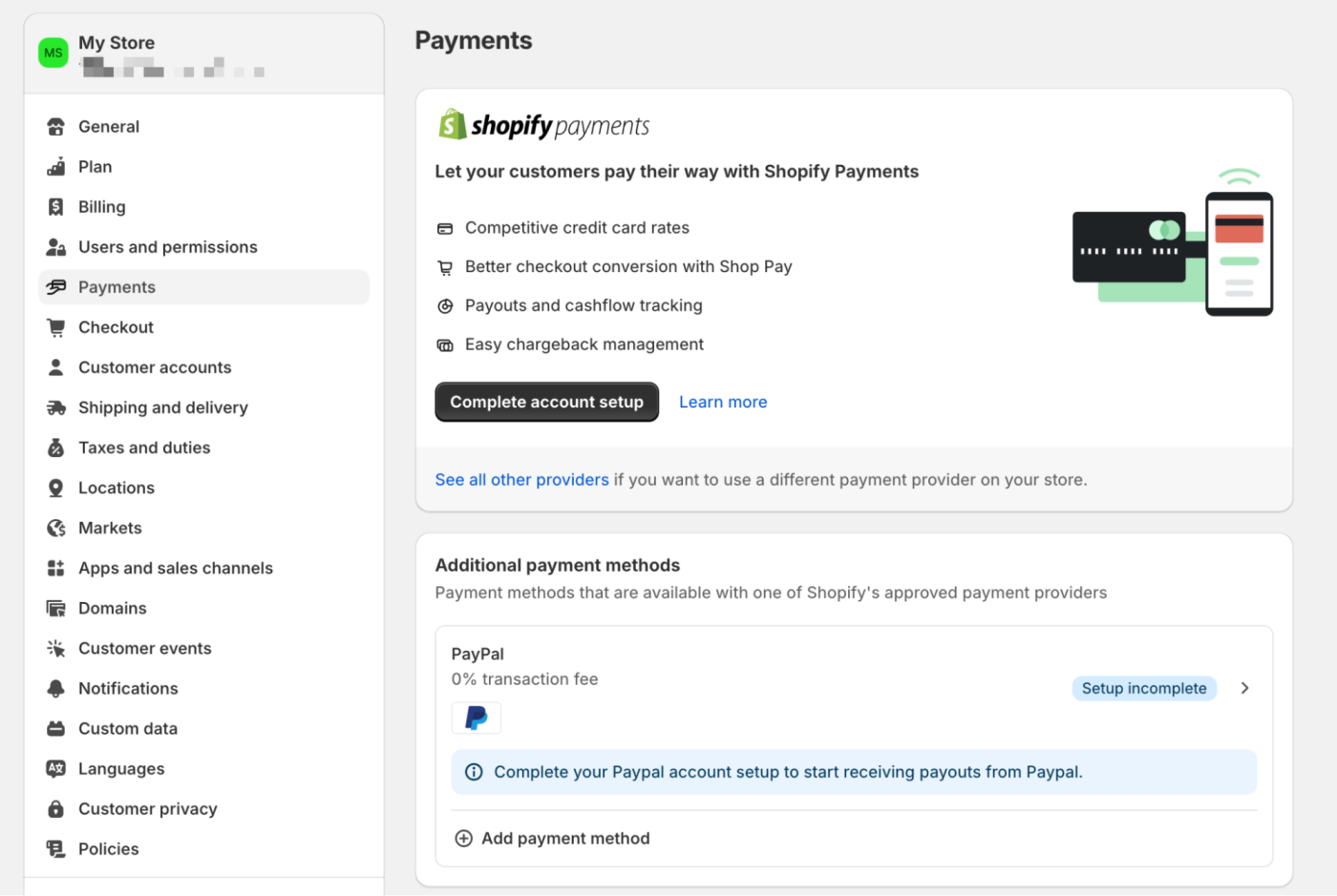 Choosing a payment method on Shopify