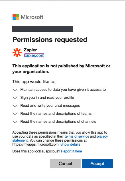 A screenshot of how permission requests look like in Microsoft Teams.