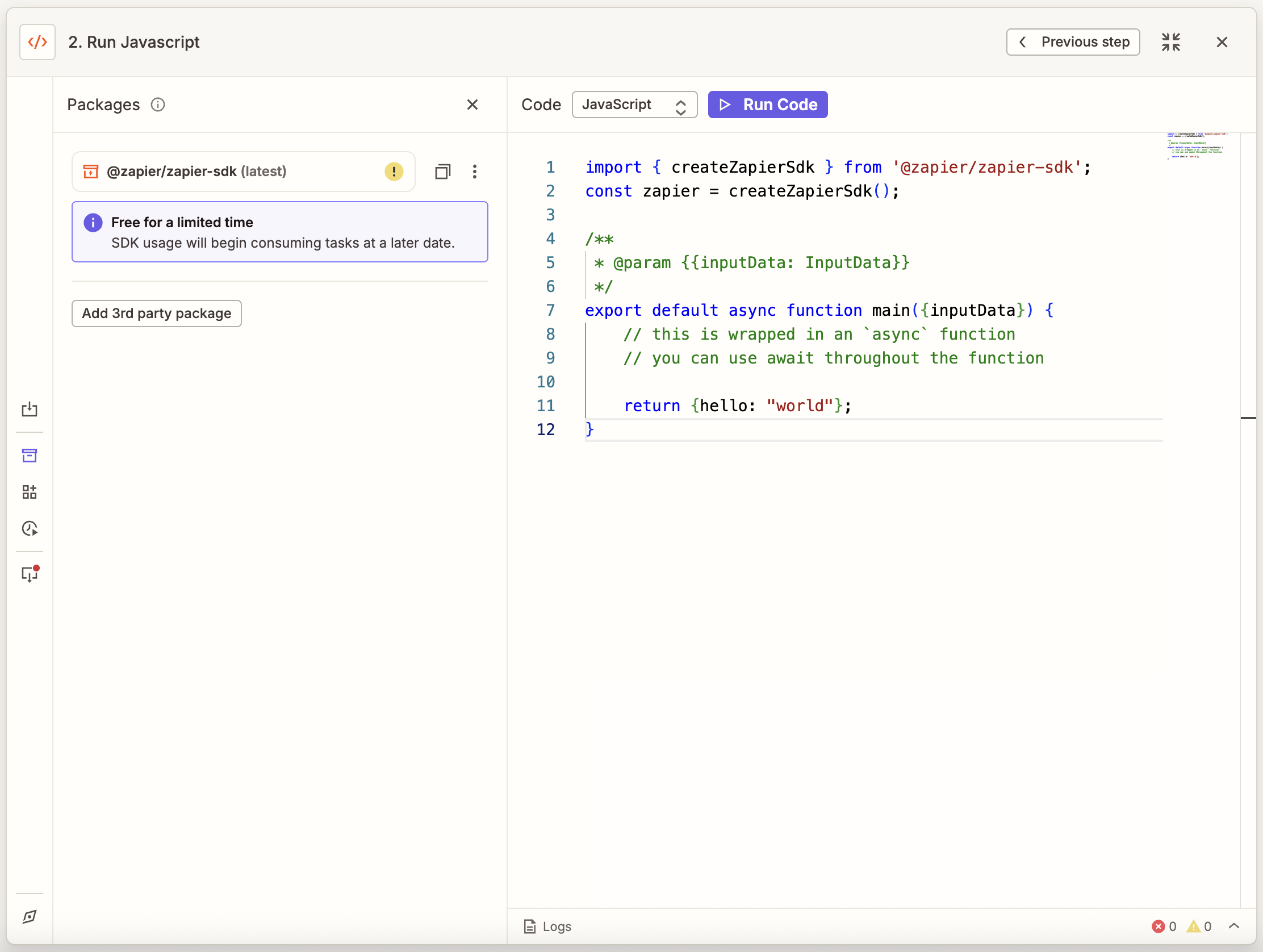 The configuration page for a Code by Zapier action step