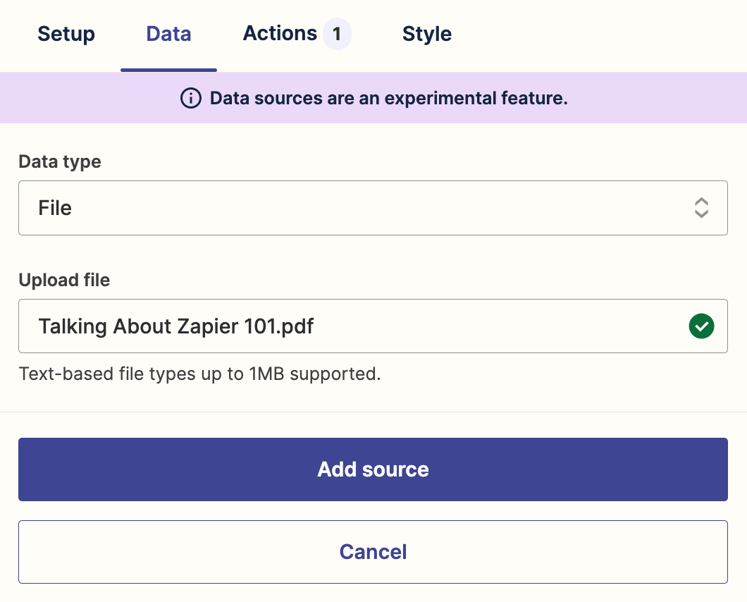 The Data tab in Zapier AI Chatbots with fields to add data sources.