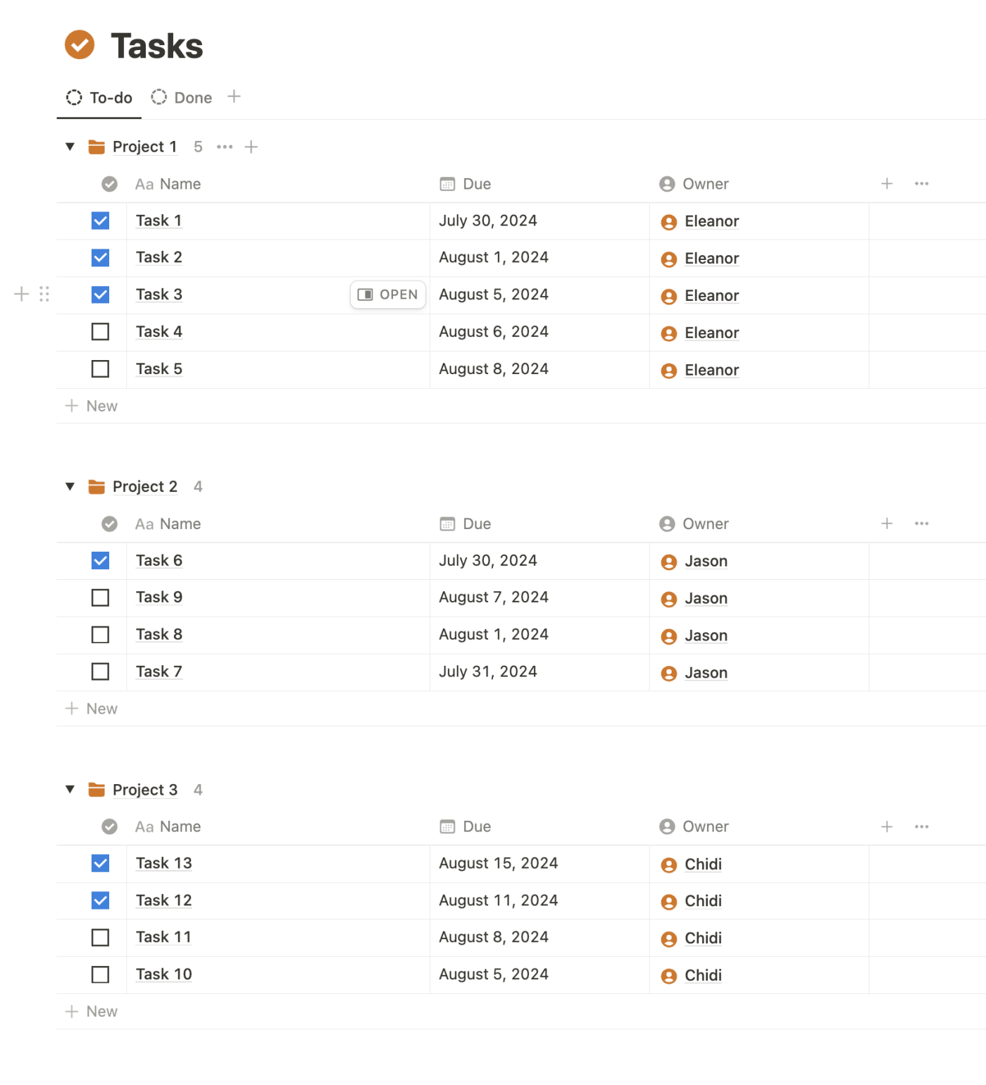 Screenshot of the Tasks database in the Notion project management template