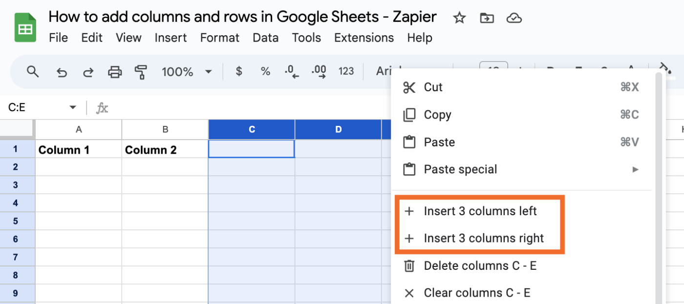 Add multiple columns in Google Sheets