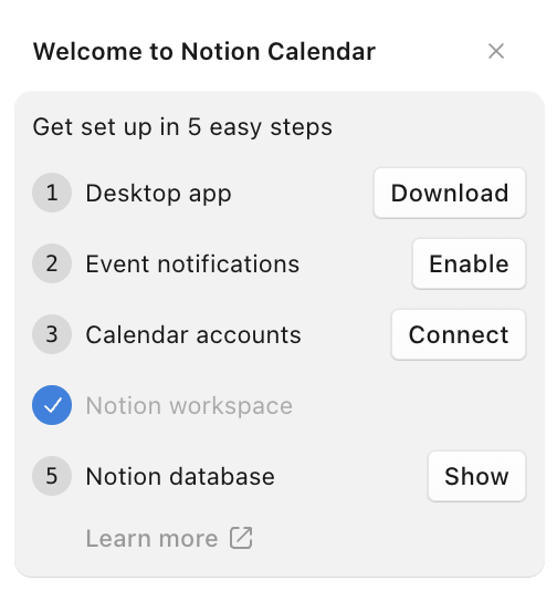 Setup wizard in Notion Calendar.