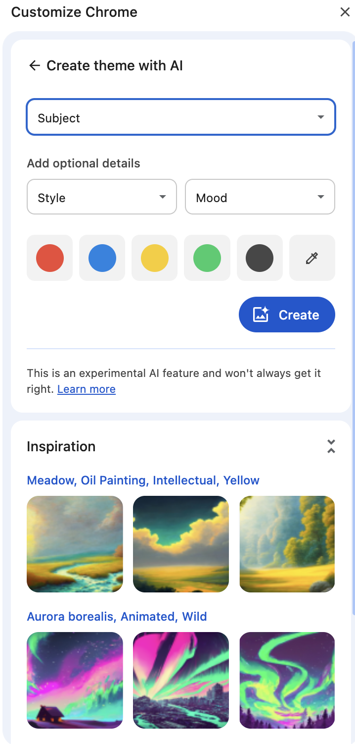 Create a Chrome theme with AI by selecting a subject, style, mood, and color in the customization menu.