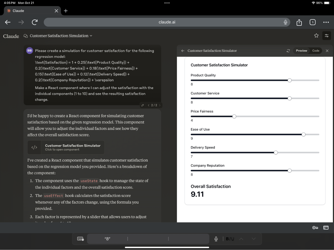 Example of a Claude Artifact containing interactive React components. 