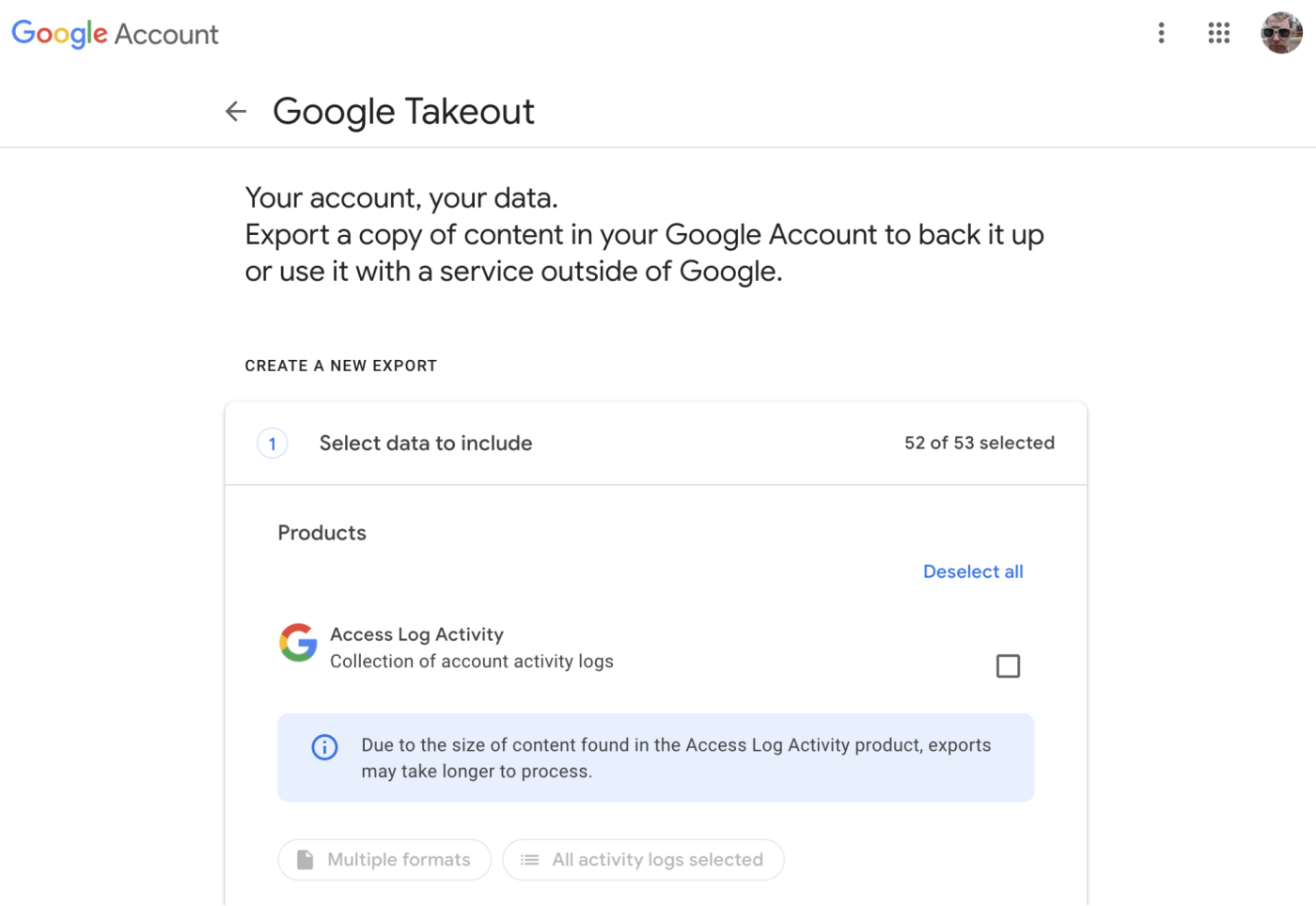 A screenshot of Google Taekout exporting a copy of the content in a Google account