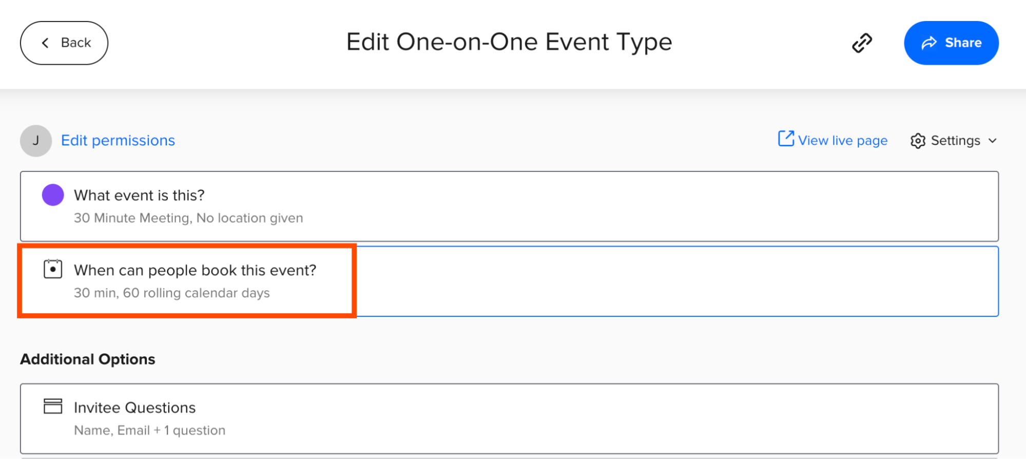 How to edit when people can book an event in Calendly.