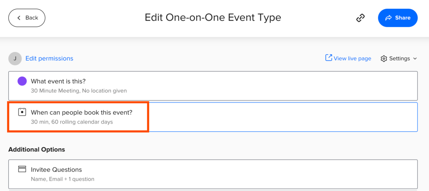 How to edit when people can book an event in Calendly.
