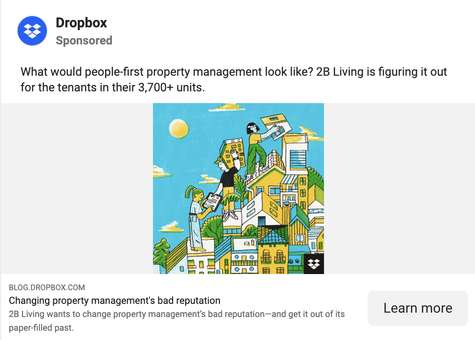 Dropbox's journalism-style Facebook case study teaser ad.