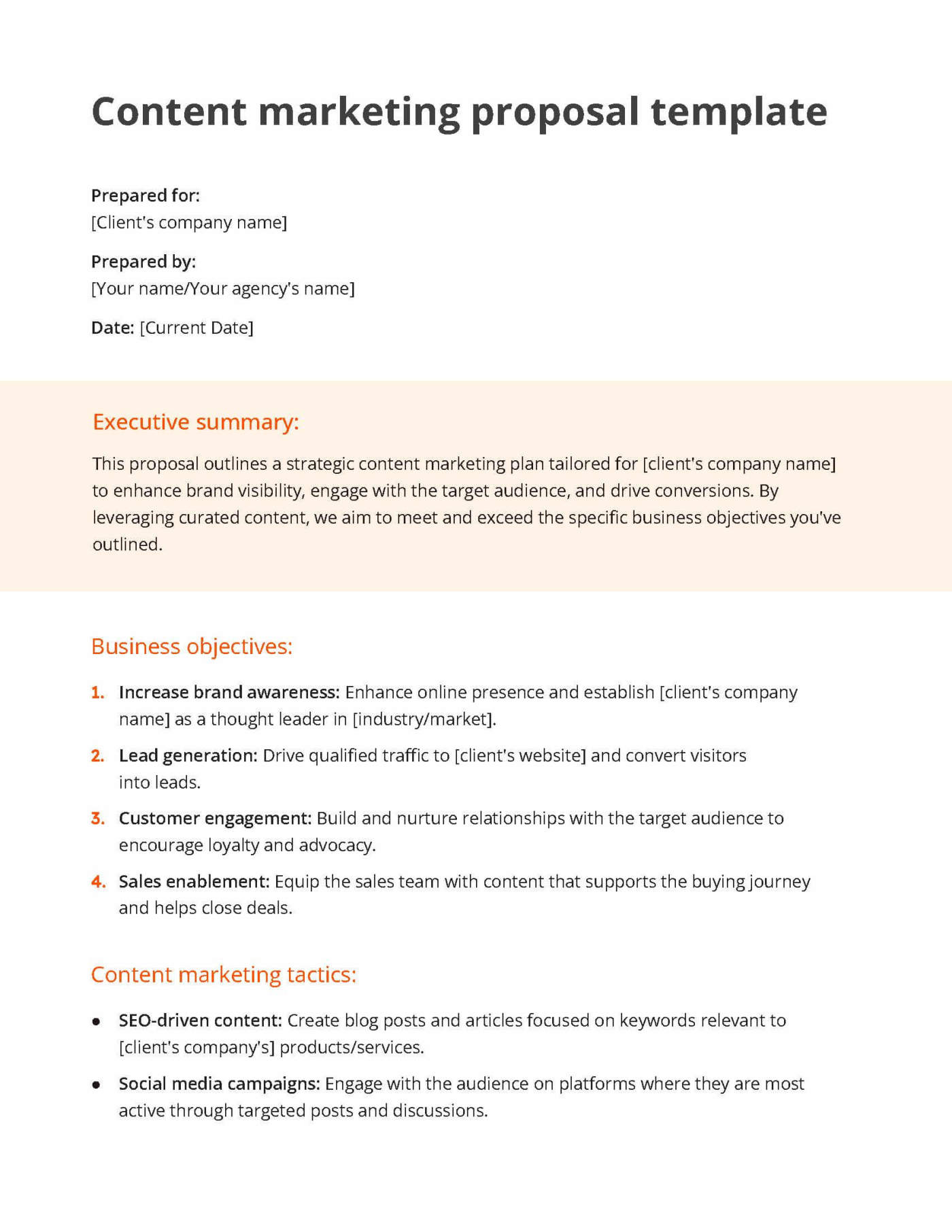 White and orange content marketing proposal template including a section for the executive summary, business objectives and content marketing tactics