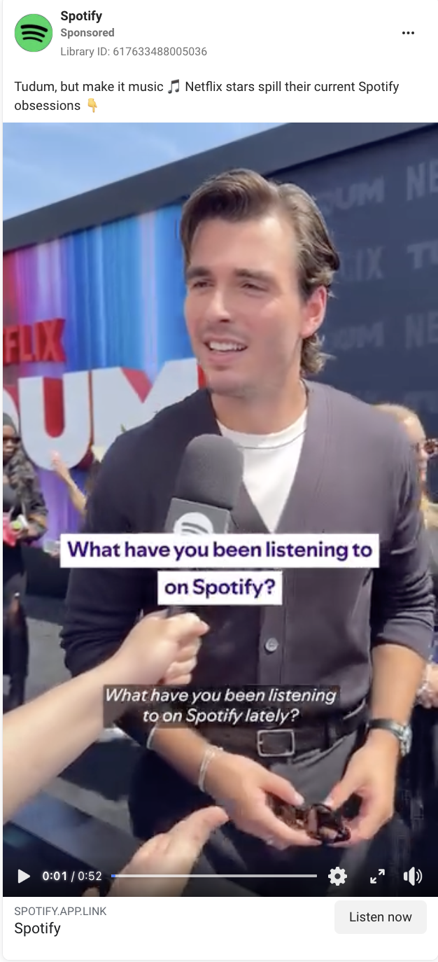 Trend-based video Facebook ad example from Spotify. 