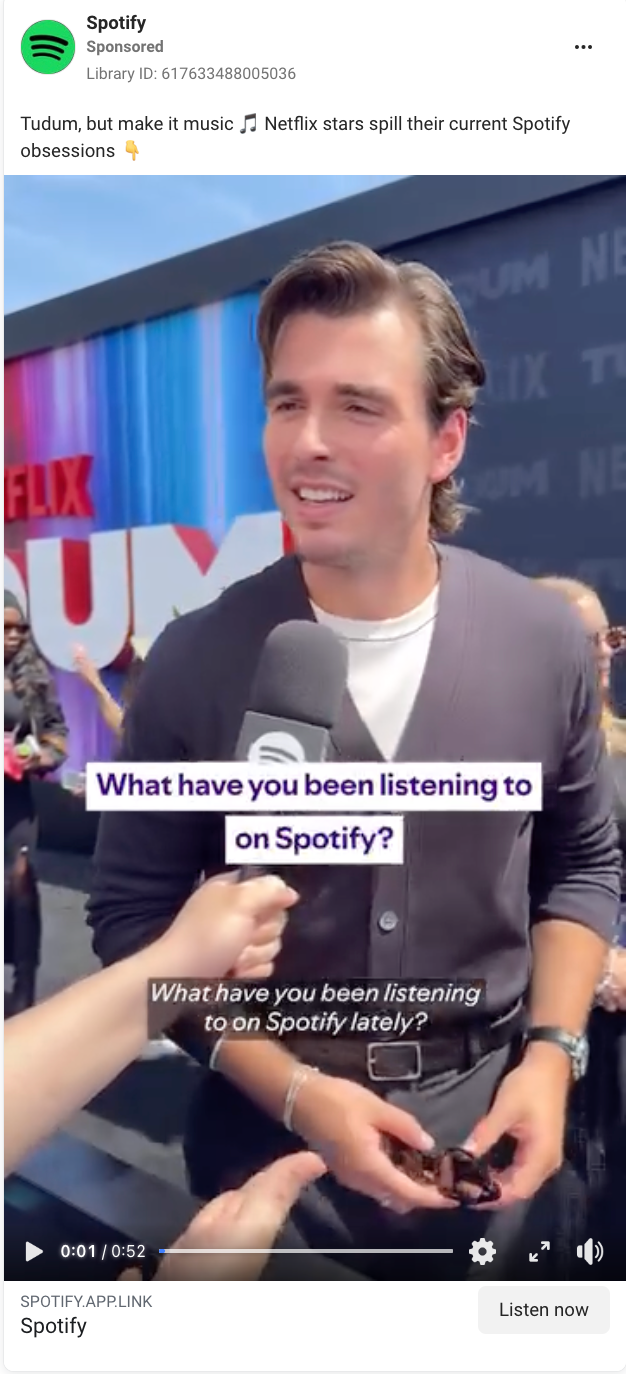 Trend-based video Facebook ad example from Spotify. 