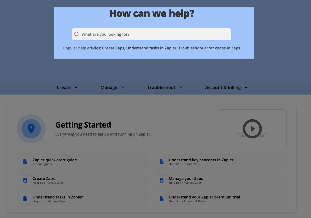 The front page of Zapier's Help center. A search box is highlighted.