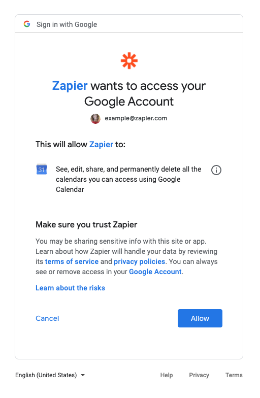Reads: "Zapier wants to access your Google Account"