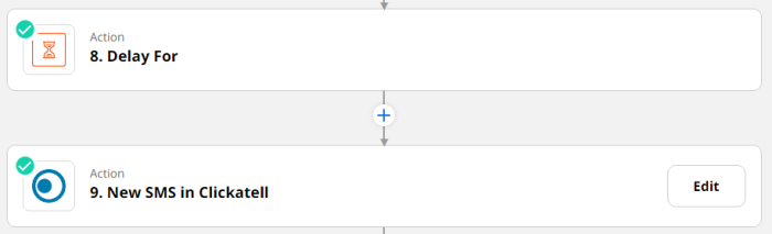 A screenshot of two action steps in a Zap, one of Delay, to delay for a specific amount of time, and the other to send an SMS in Clickatell.
