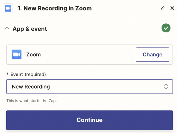 Selecting Zoom as the trigger app and the New Recording trigger event