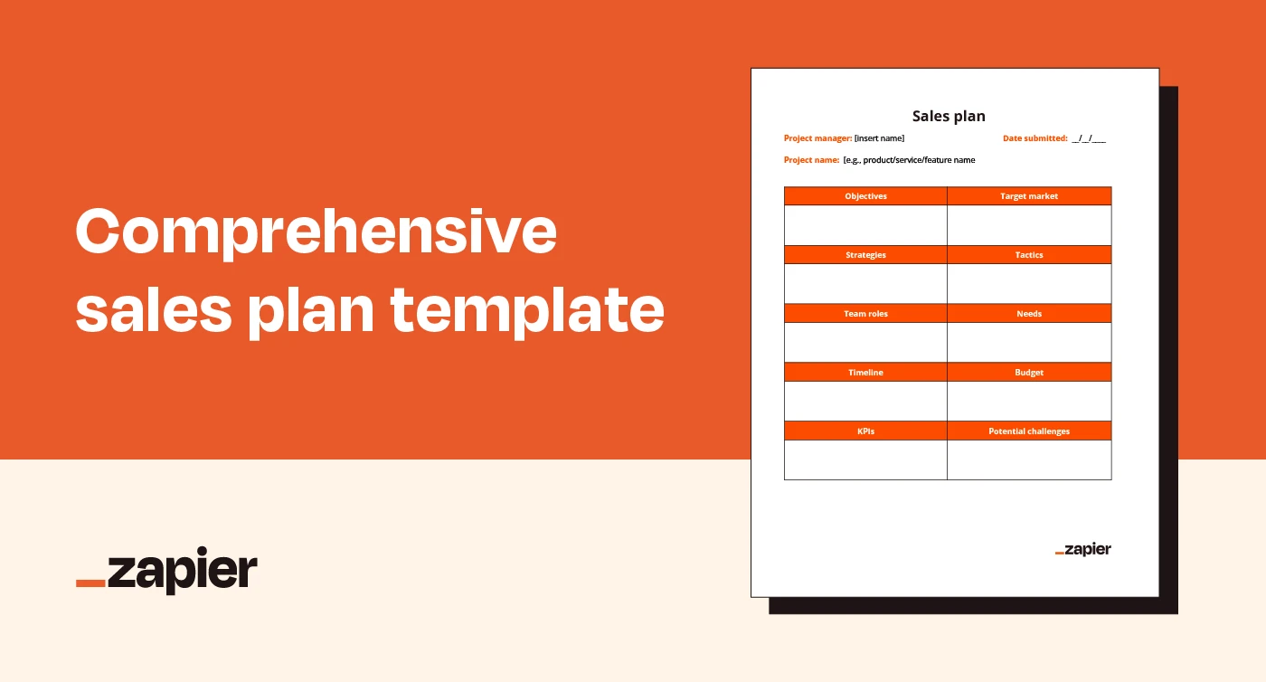 Image of Zapier's comprehensive sales plan template on an orange background