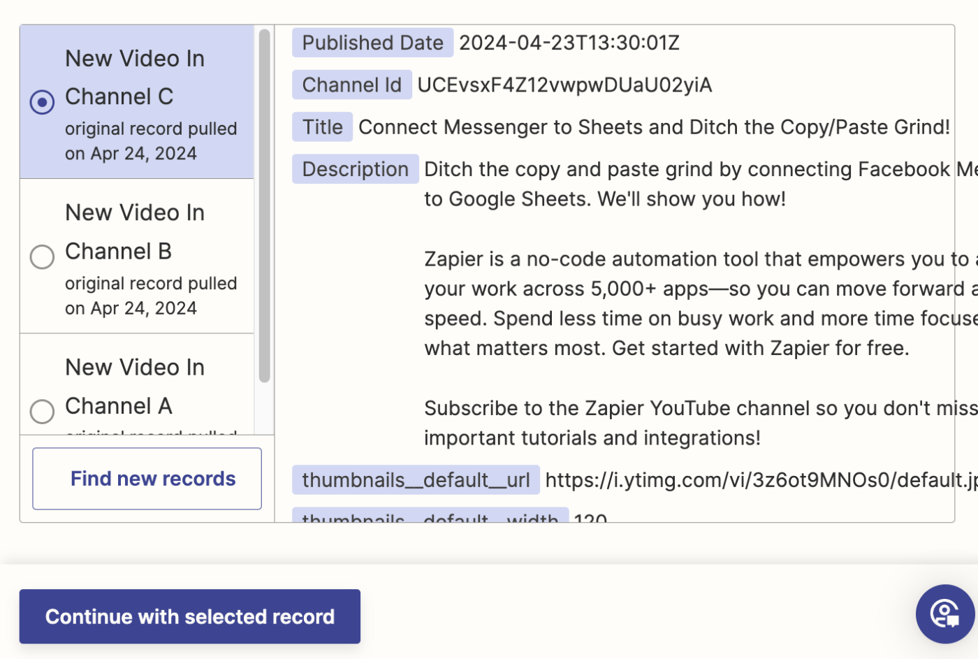 A set of sample YouTube data in the Zap editor.