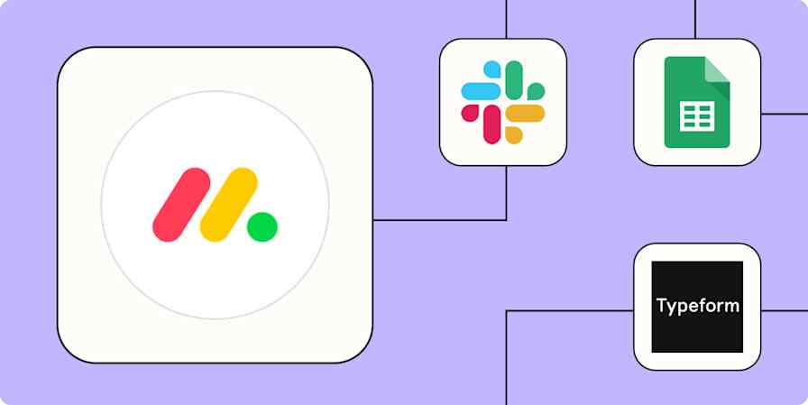 A hero image of the monday.com app logo connected to other app logos on a purple background.